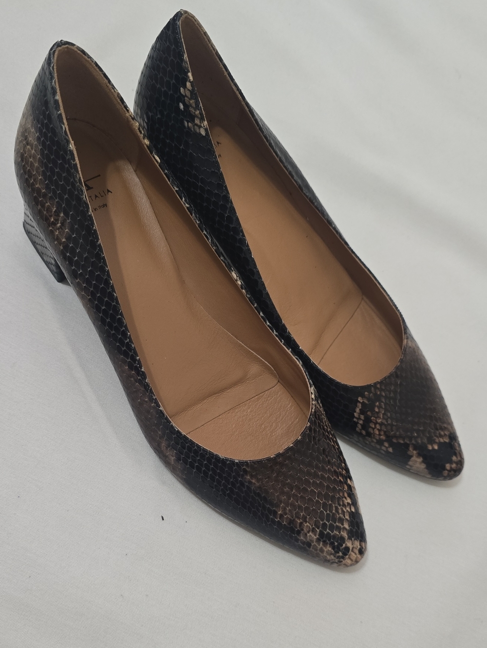 Aquatalia Brown and Black Snakeskin Pointed Toe Pumps 10M